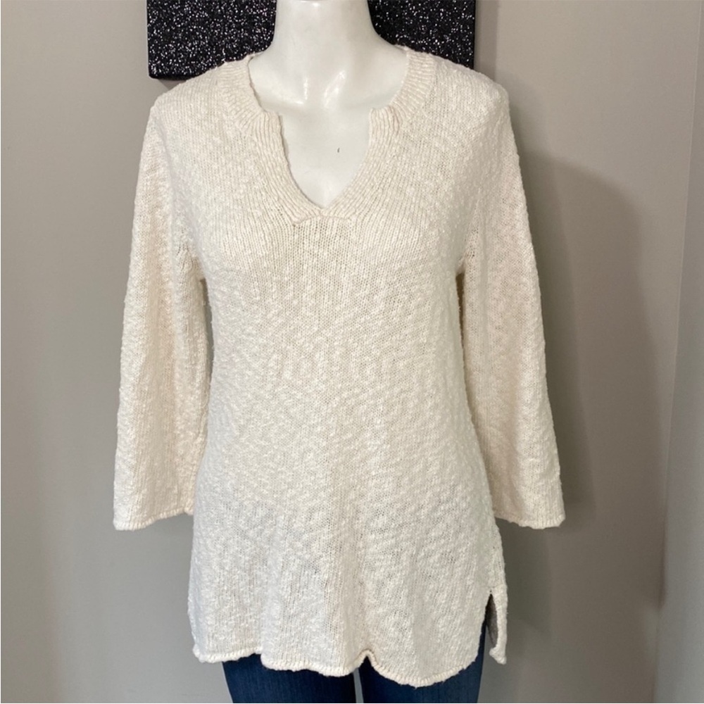 Tommy Bahama textured cotton blend cream neck sweater three quarter sleeve Sz M